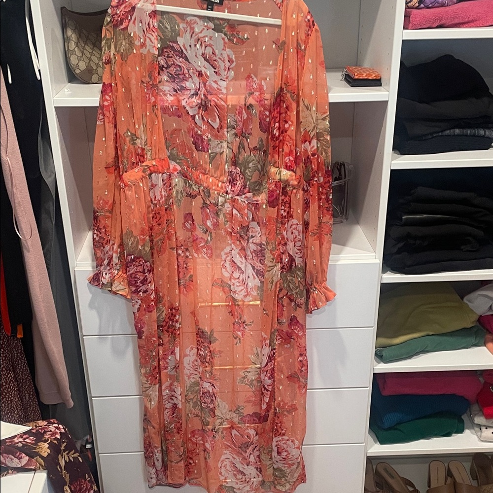 Express Floral Sheer Kimono - Orange and Pink